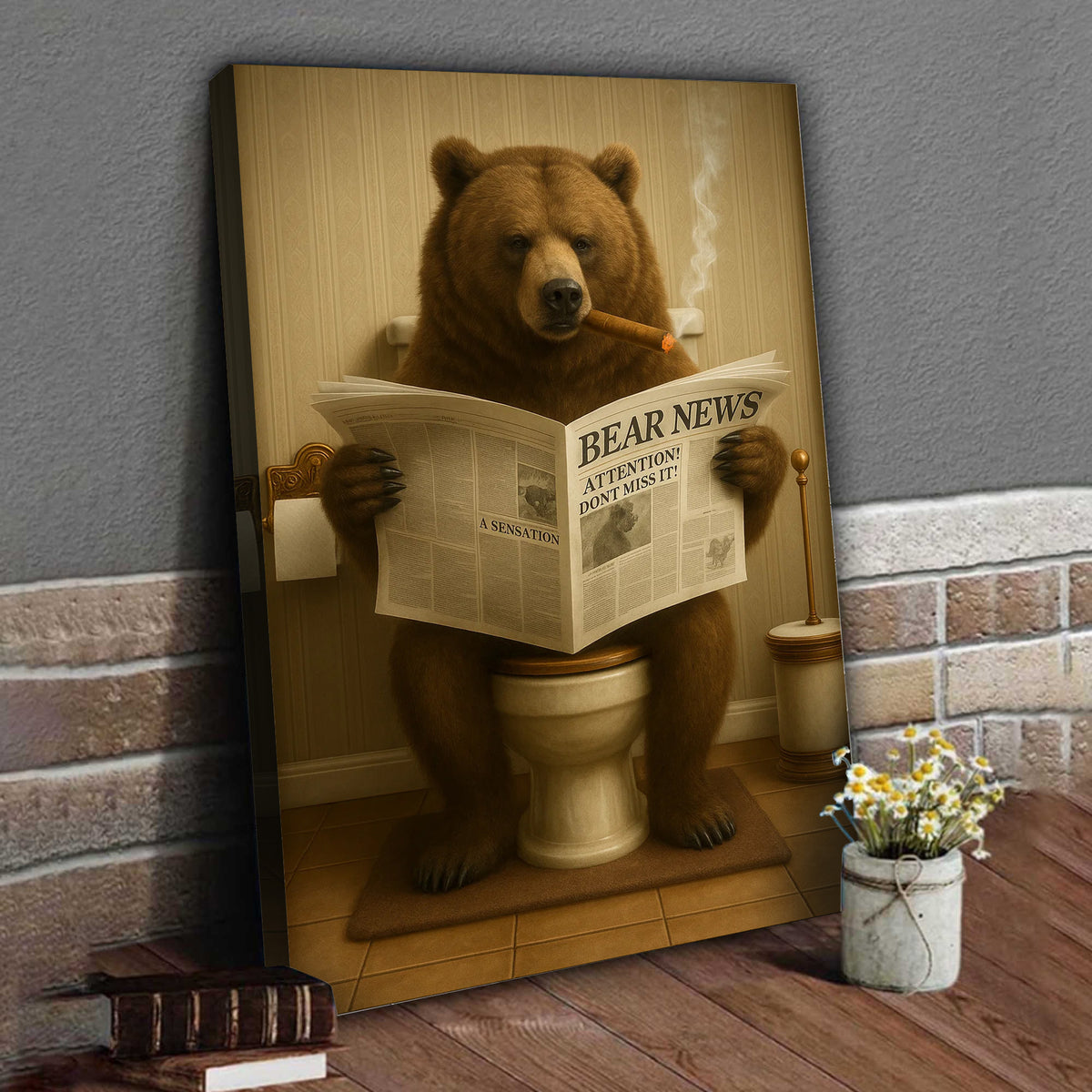 Grizzly Bear Bathroom Canvas – Funny Cabin Decor with Bear Hunting on Toilet Reading Newspaper