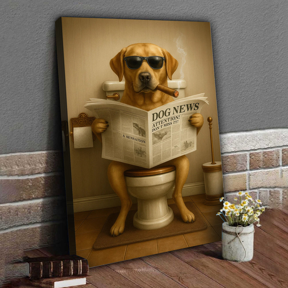 Funny Labrador Bathroom Poster Canvas – Dog on Toilet Reading Newspaper