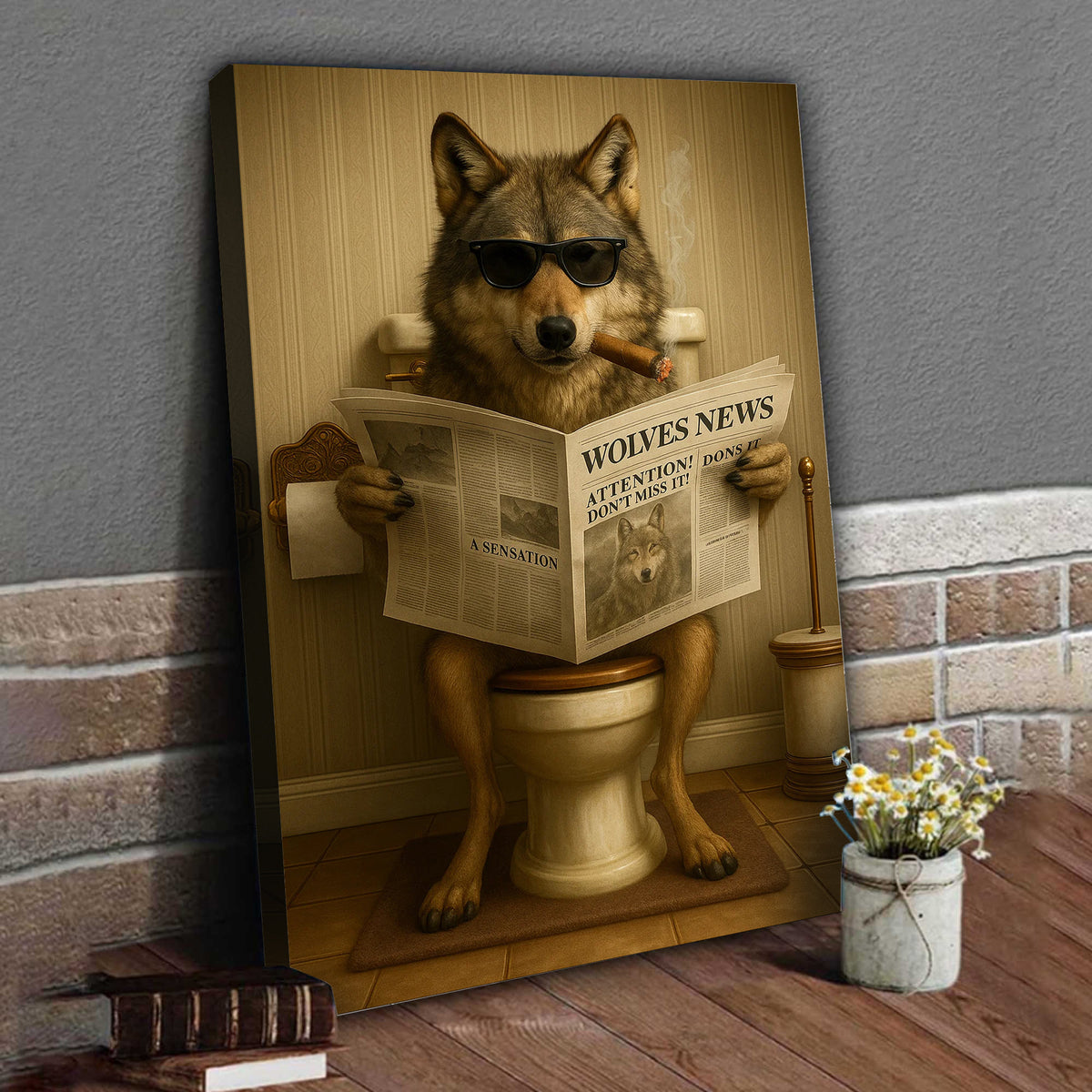 Funny Wolves News Poster Canvas – Hilarious Bathroom Scene with Cool Wolf on Toilet