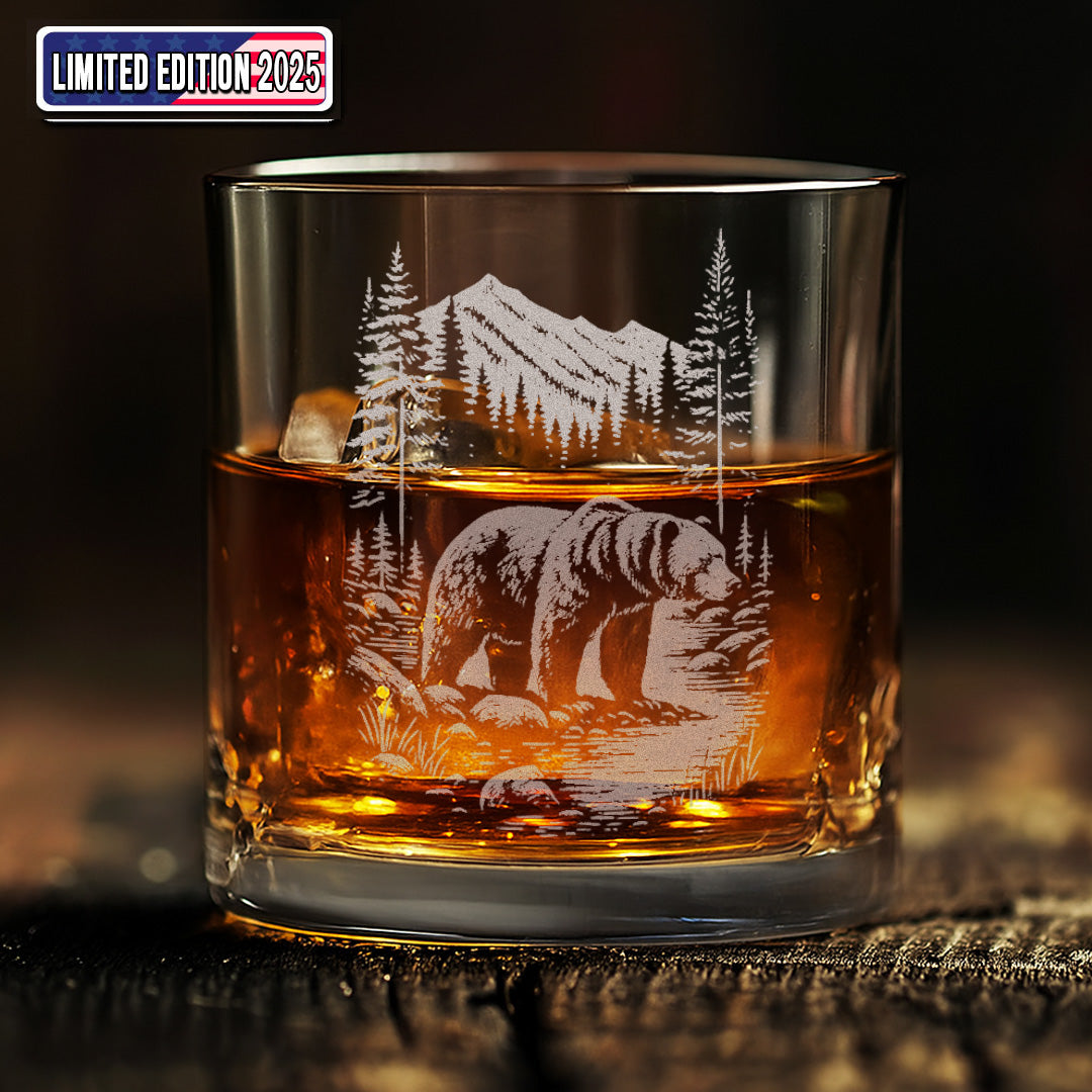 Bear Forest Engraved Whiskey Glass, Rustic Barware Gift for Hunters, Outdoorsmen & Drinking Lovers