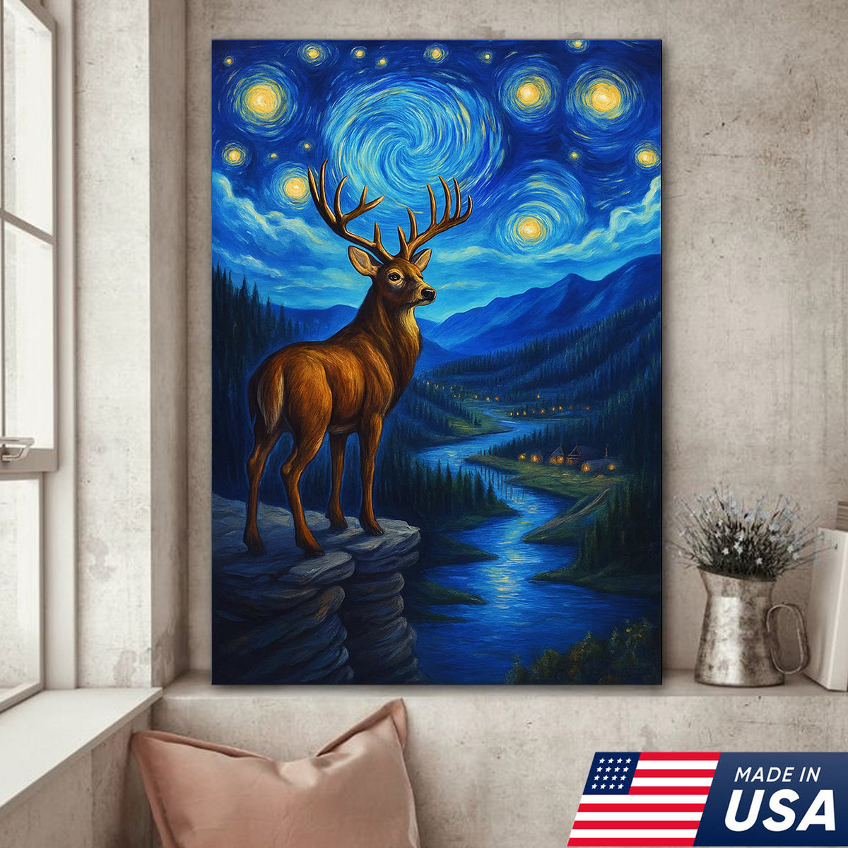 Starry Night Deer Wall Art – Mountain River Landscape Canvas - Hunter Gift for Men Women