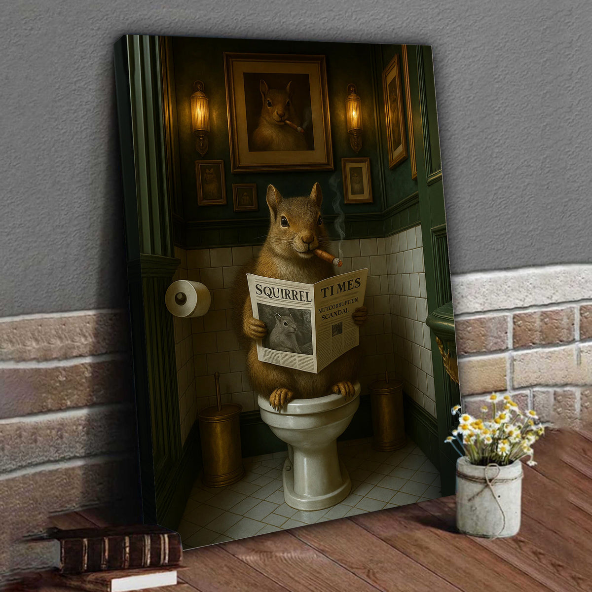 Funny Squirrel on Toilet Poster Canvas – Hilarious Wildlife Bathroom Scene - Lodge Humor Canvas