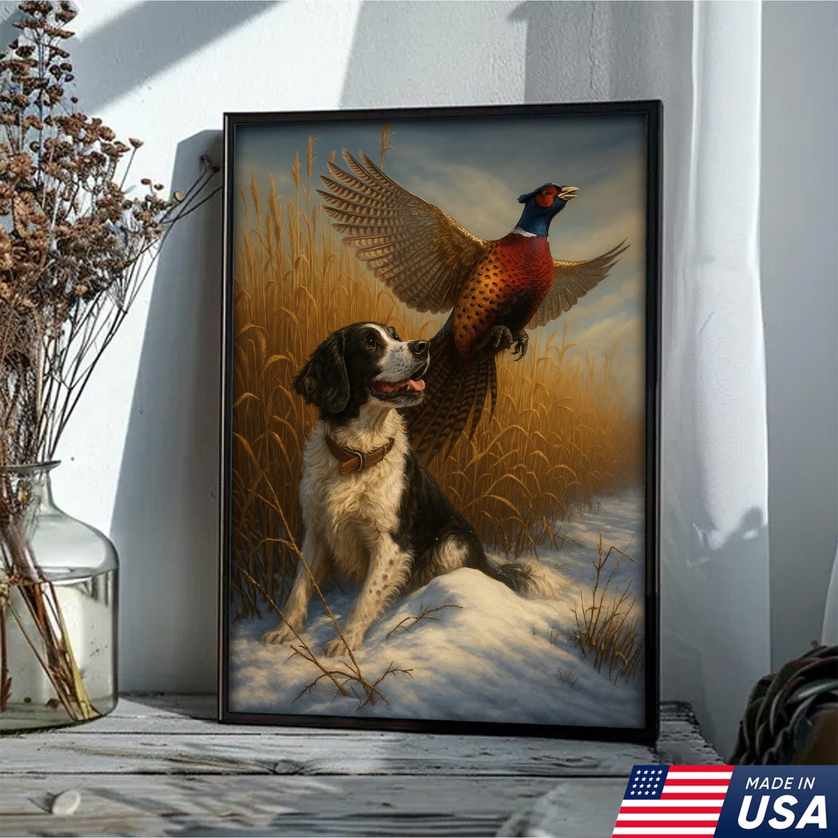 Hunting Dog & Pheasant in Winter Field Canvas – Classic Wildlife Wall Art for Lodge & Nature Decor