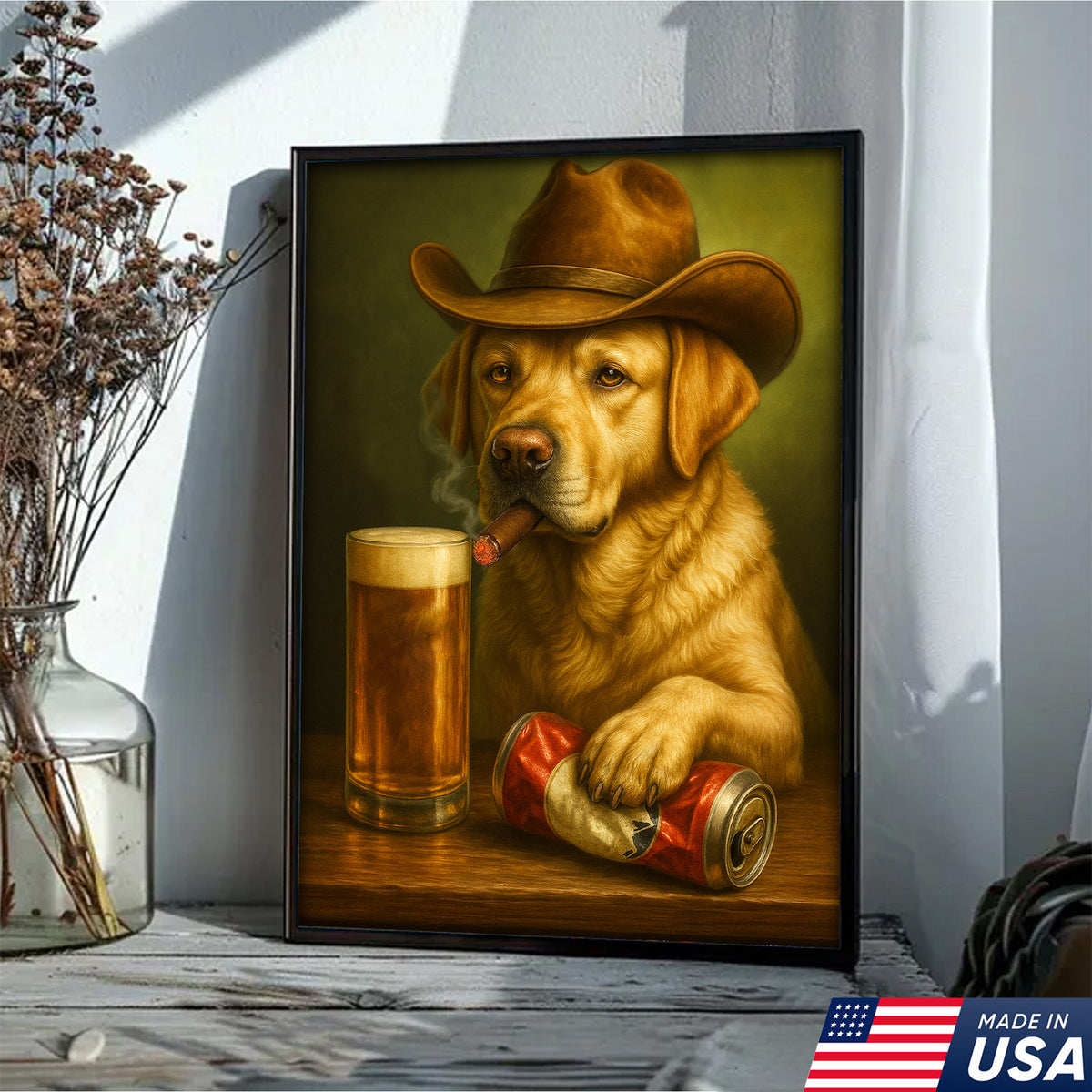 Funny Cowboy Dog Wall Art – Funny Beer & Smoking Canvas For Hunters, Bar & Man Cave Decor