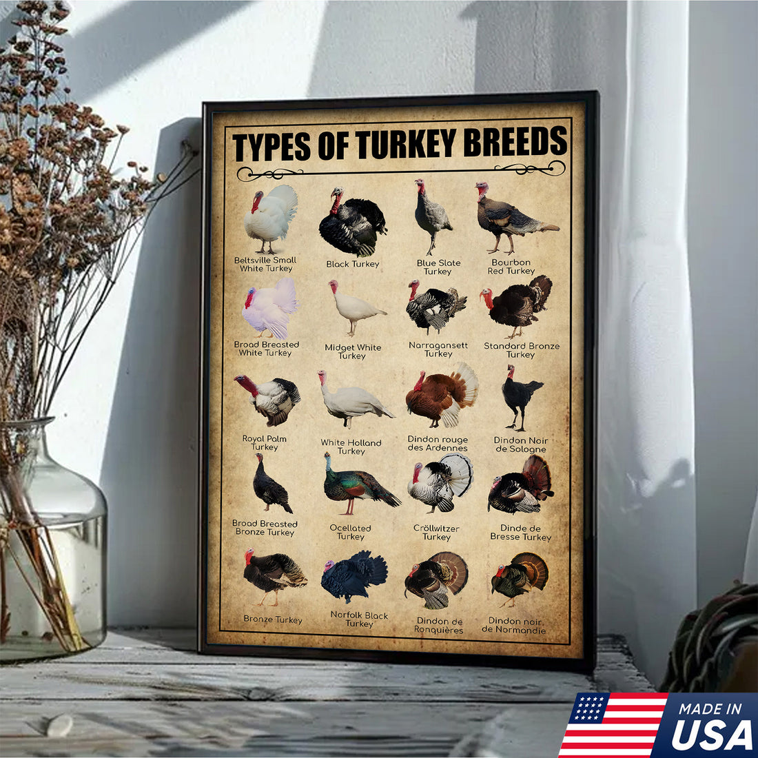 Turkey Breeds Knowlegde Canvas Wall Art – Farmhouse Poultry Guide Print – Rustic Country Decor