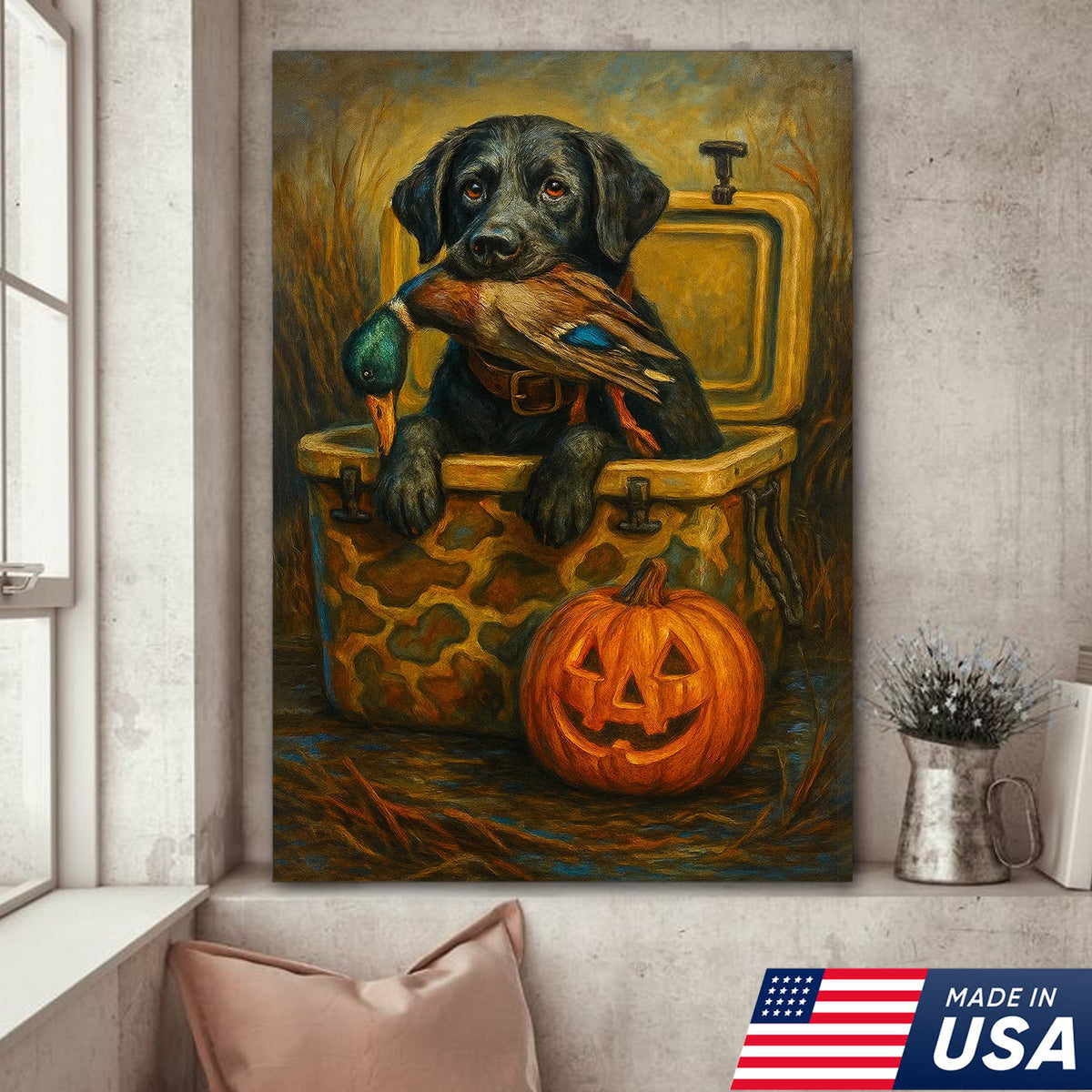 Labrador Retriever Hunting Dog Canvas Wall Art – Black Lab with Duck and Halloween Pumpkin Decor