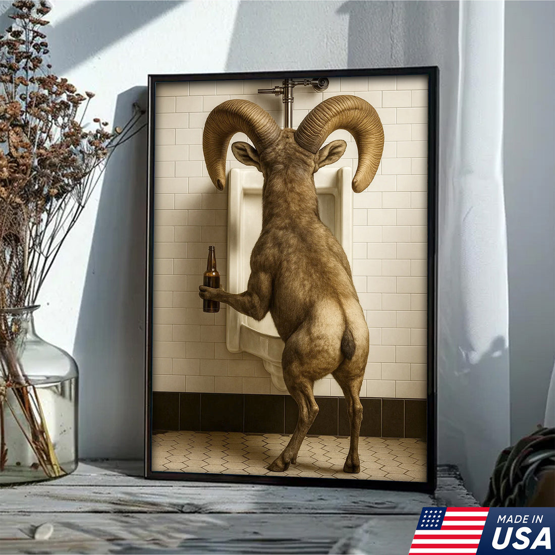 Humorous Big Horn Sheep Canvas Wall Art - Rustic Lodge Bathroom Decor for Cabin and Farmhouse