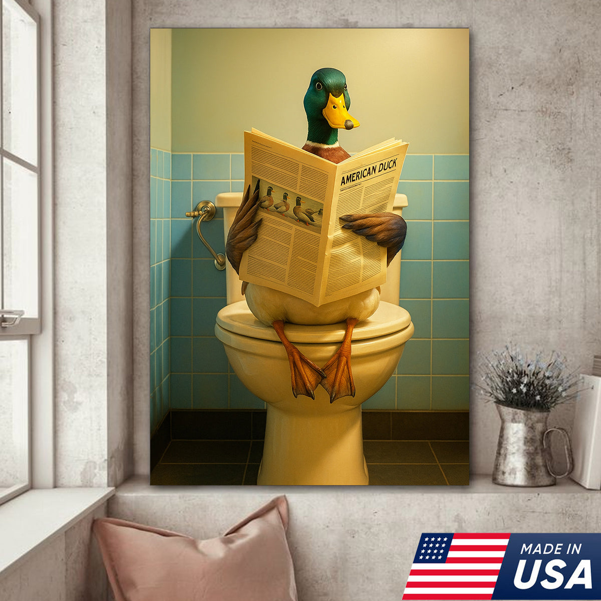 Funny Duck Bathroom Wall Art Canvas – Mallard Reading Newspaper Canvas Decor