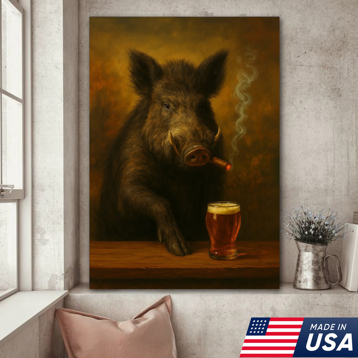 Funny Wild Boar Smoking with Cocktail Glasses Canvas – Rustic Hunting Lodge Wall Art