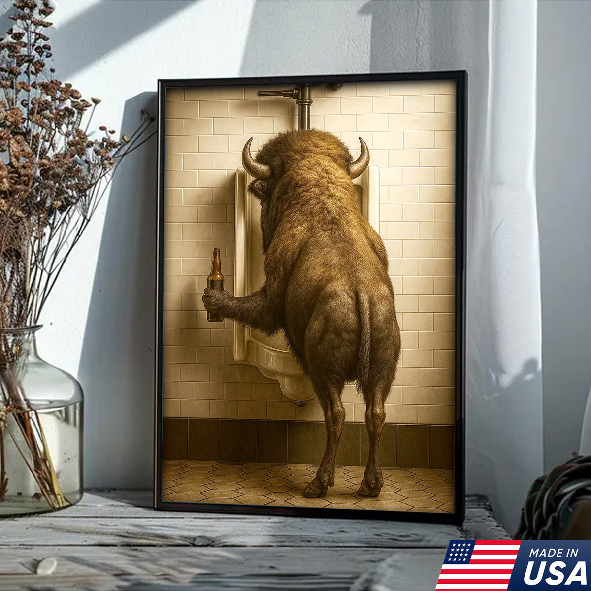 Funny Bison Canvas Wall Art - Rustic Bathroom Lodge Decor for Hunters - Unique Wildlife Cabin Print