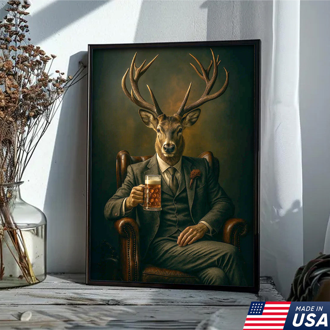 Deer Canvas Wall Art – Sophisticated Buck in Suit Holding Beer Rustic Lodge Decor for Hunters