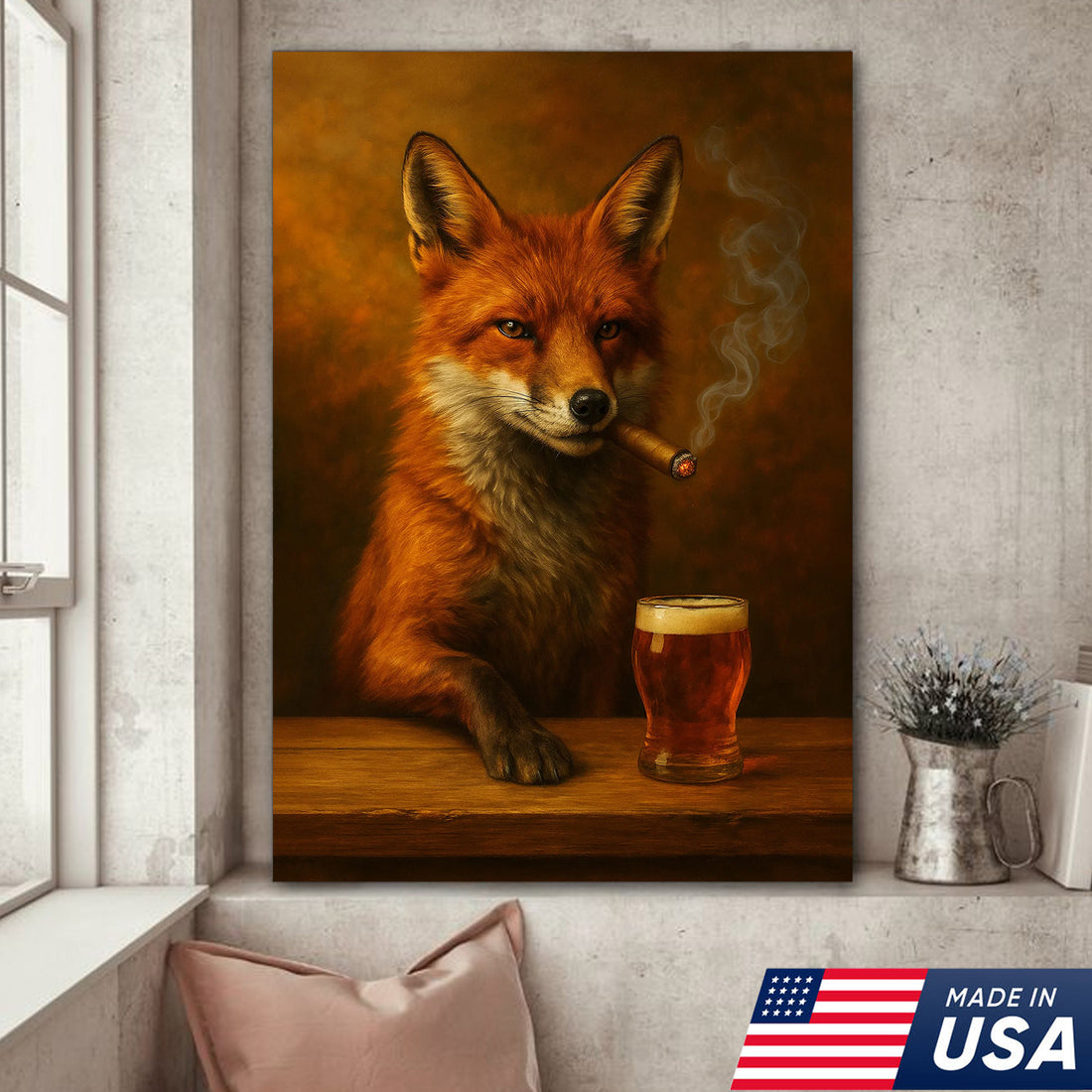 Funny Fox Smoking with Cocktail Glasses Canvas – Rustic Hunting Lodge Wall Art