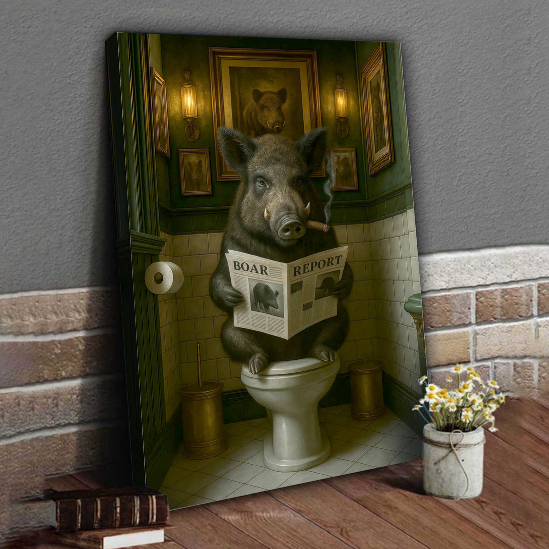 Funny Comical Wild Hog Poster – Smoking Boar on Toilet - Unique Rustic Gift for Hunters