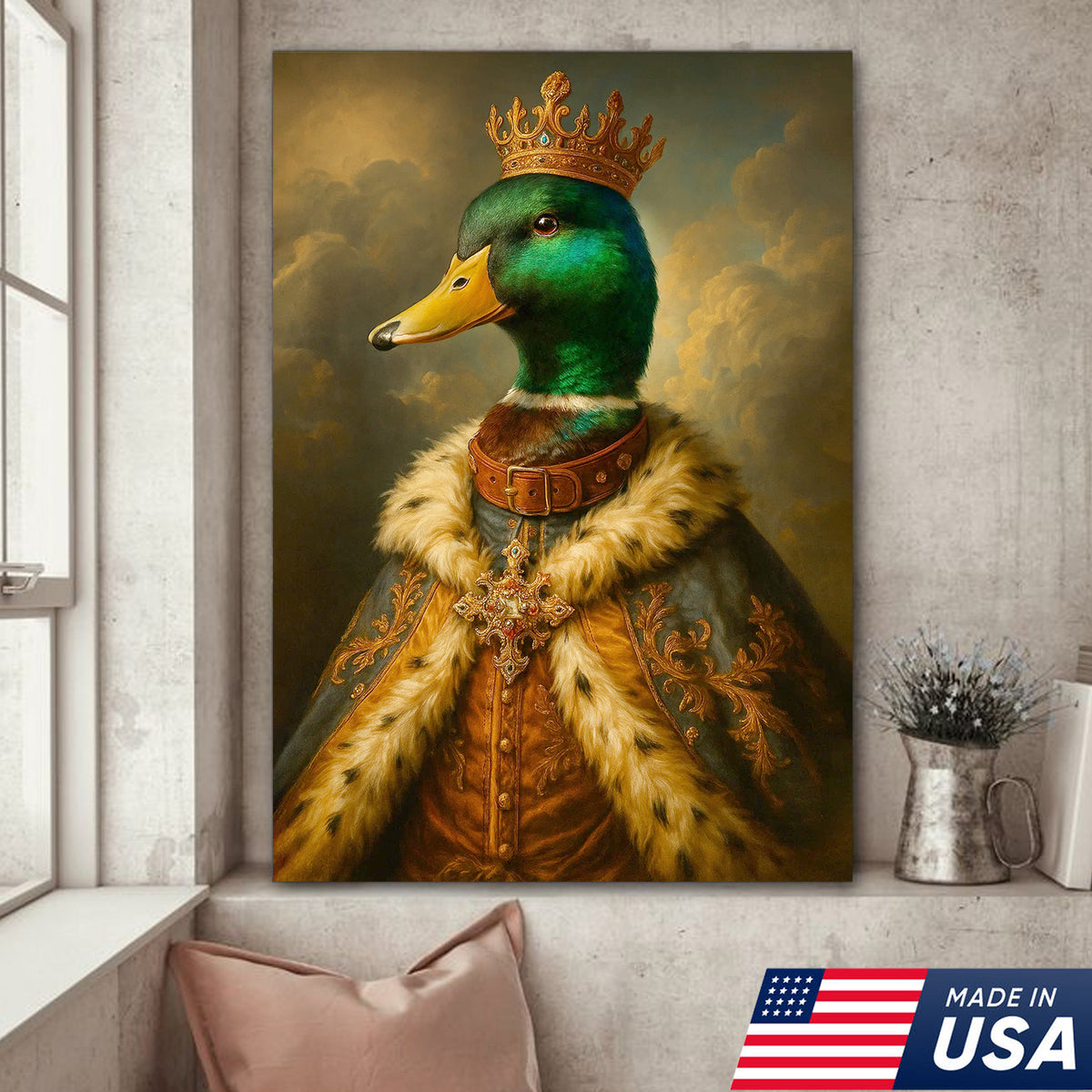 Royal Mallard King Canvas – Crowned Duck Portrait Wall Art, Vintage Baroque Animal Print