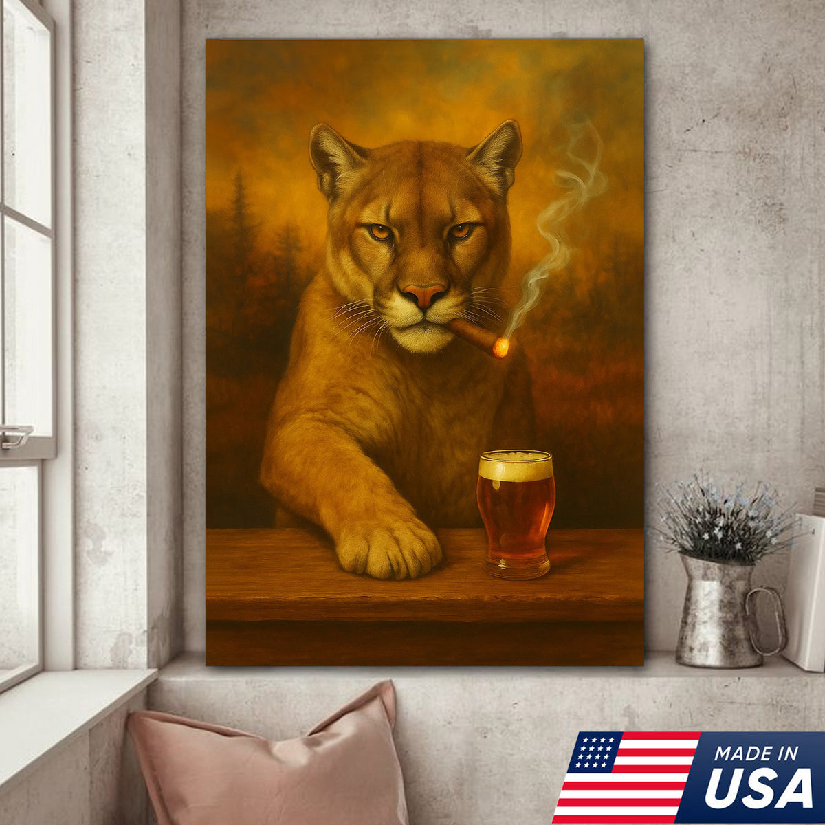 Funny Mountain Lion Smoking With Cocktail Glasses Canvas Wall Art – Rustic Bar Decor Perfect Gift for Hunters