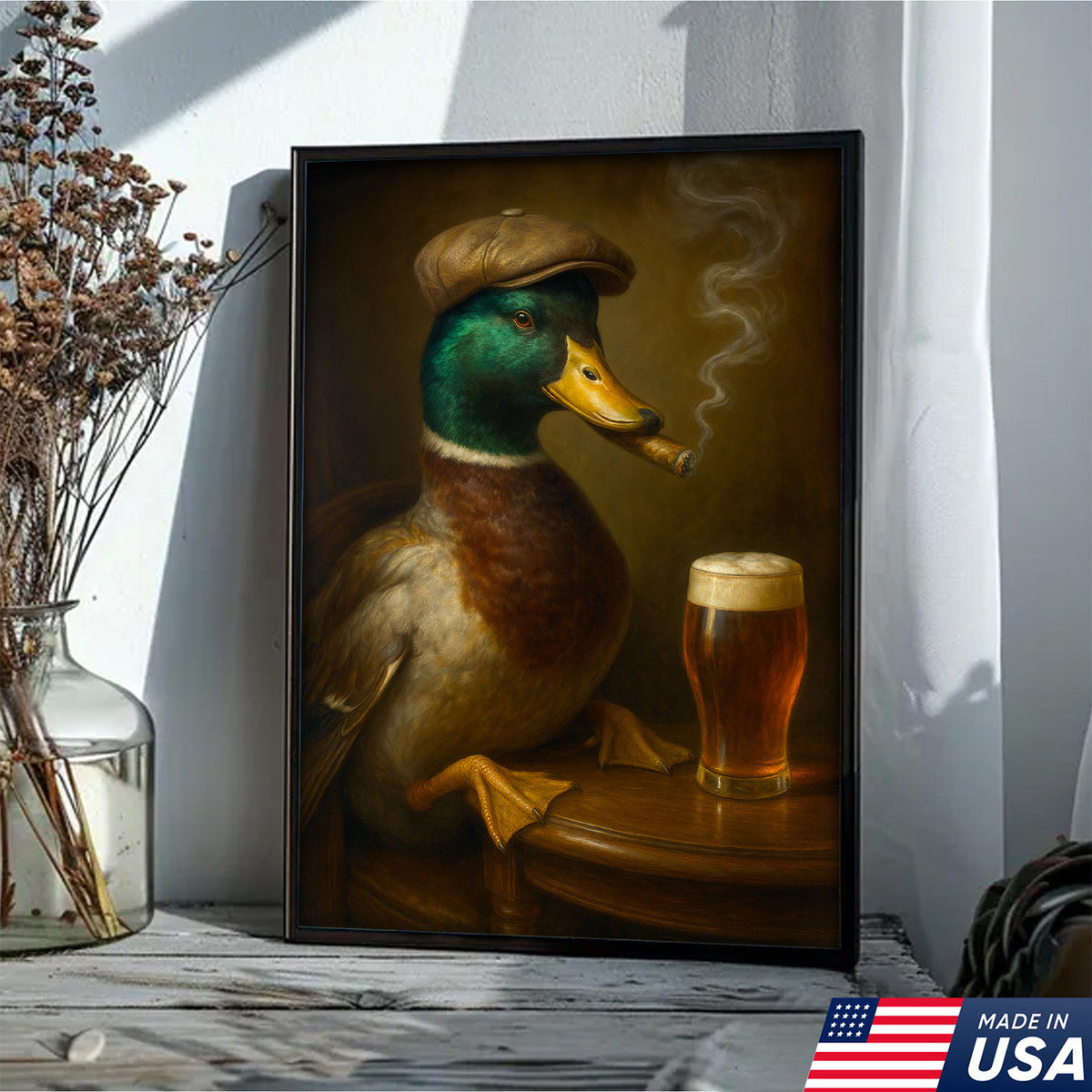 Mallard Duck Gentle Beer Smoking Canvas – Funny Rustic Wall Art for Hunters, Cabin, Bar & Man Cave