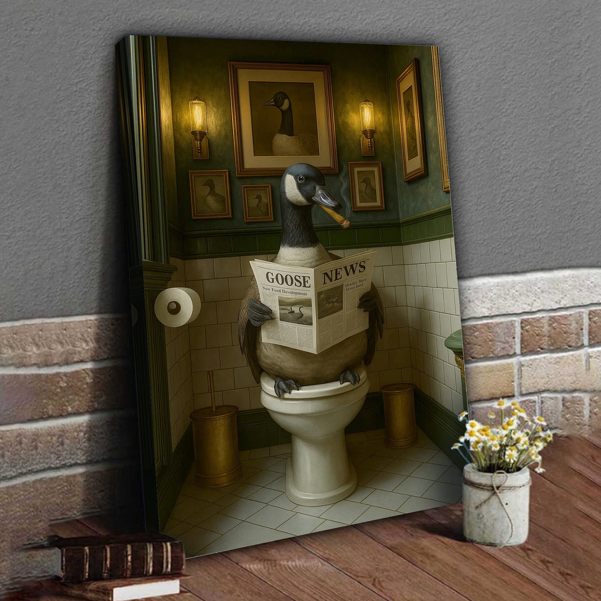 Funny Canada Goose Bathroom Poster – Rustic Cabin Wall Art, Goose Reading Newspaper on Toilet