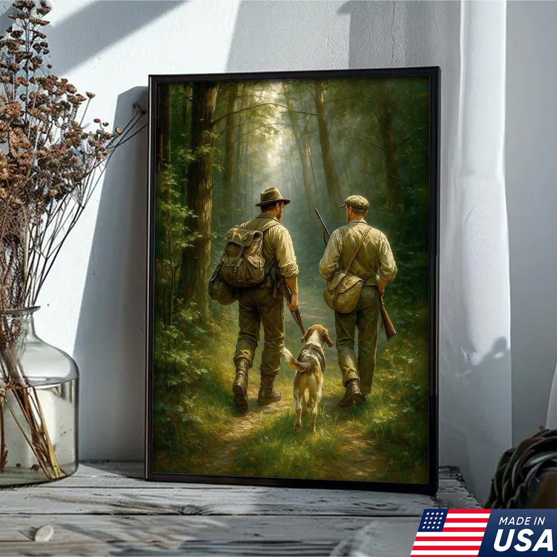 Hunting Canvas Wall Art – Hunters Walking with Dog in Forest – Rustic Cabin Decor