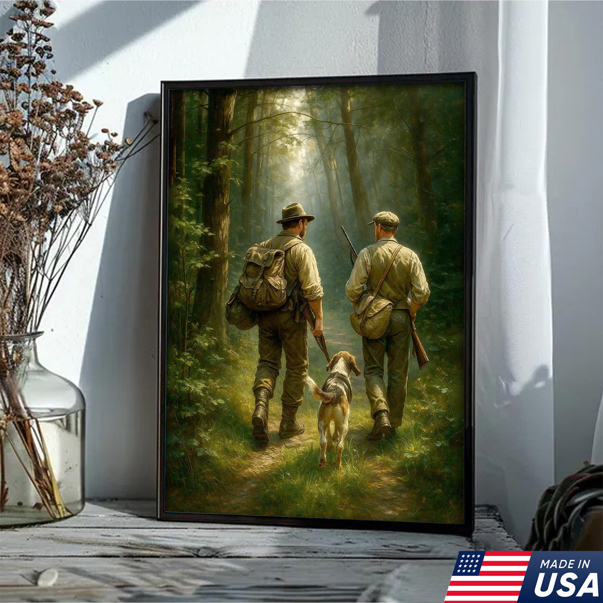 Hunting Canvas Wall Art – Hunters Walking with Dog in Forest – Rustic Cabin Decor