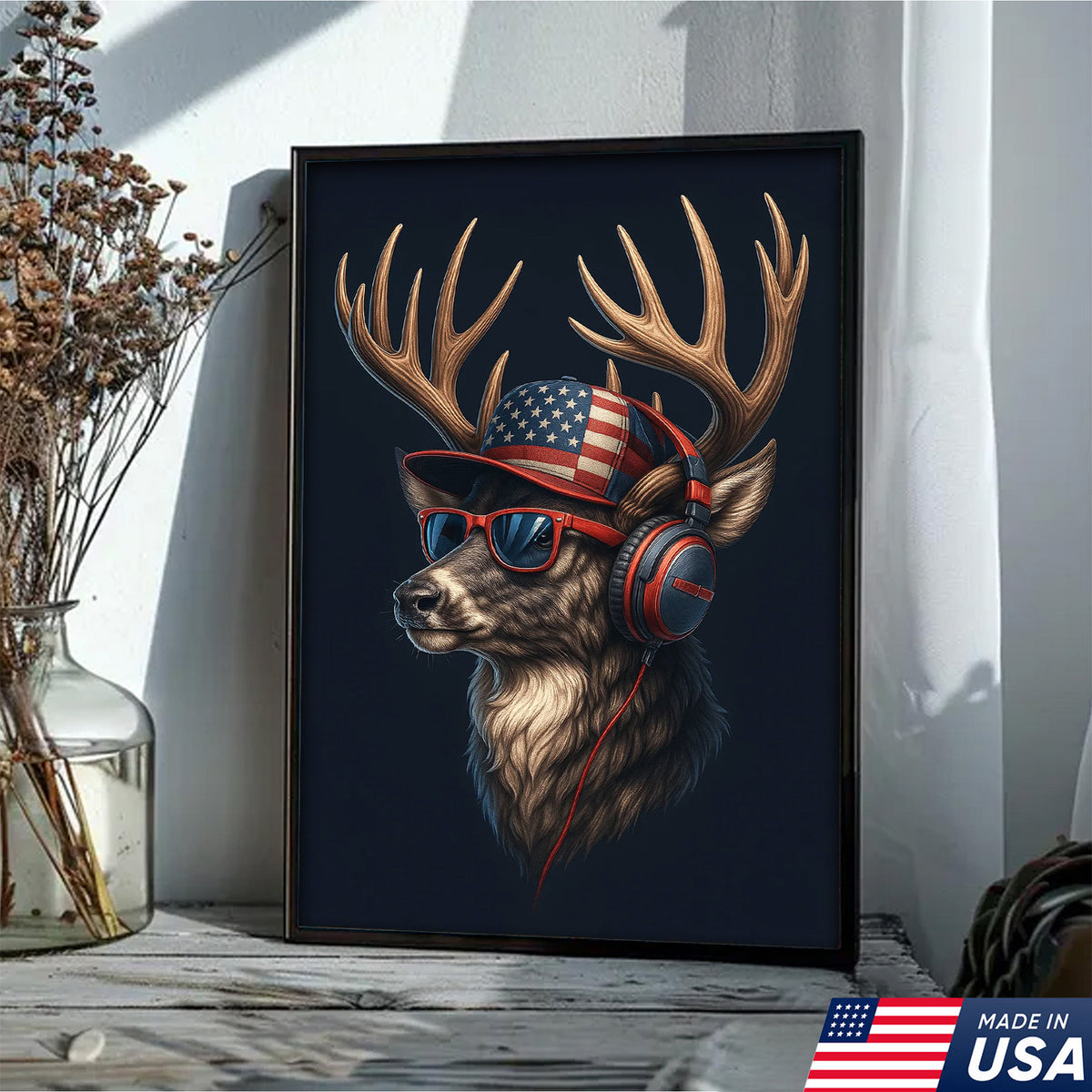 Patriotic Deer Wall Art Canvas – Cool Buck with American Flag Hat and Headphones