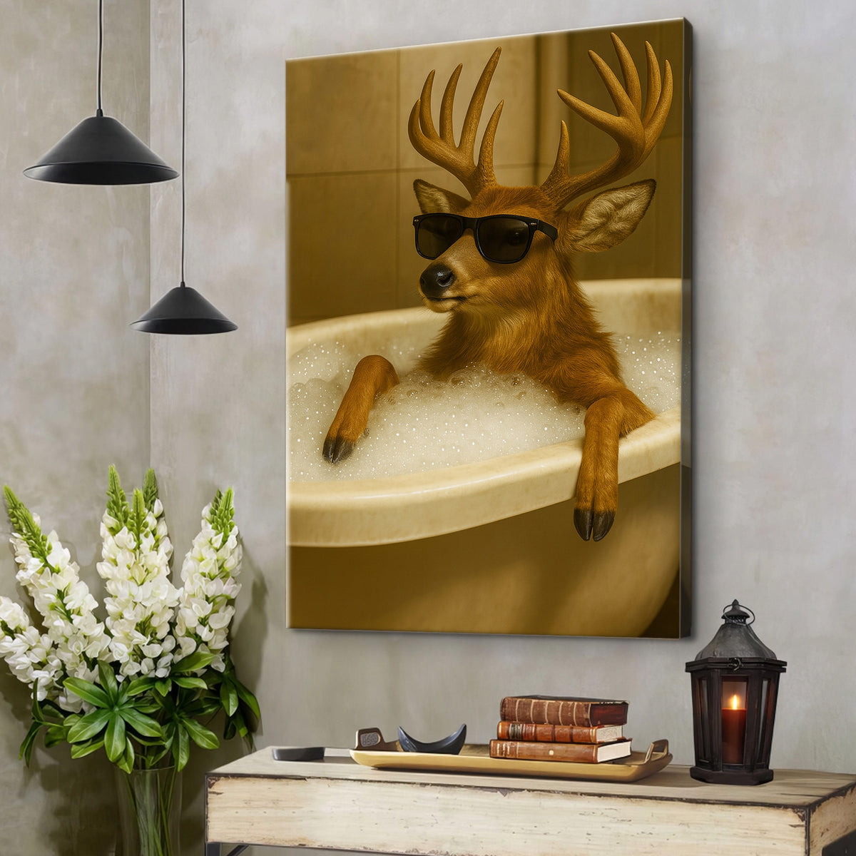 Funny Deer Wall Art – Cool Buck in Bathtub Poster for Hunters & Rustic Cabin Decor
