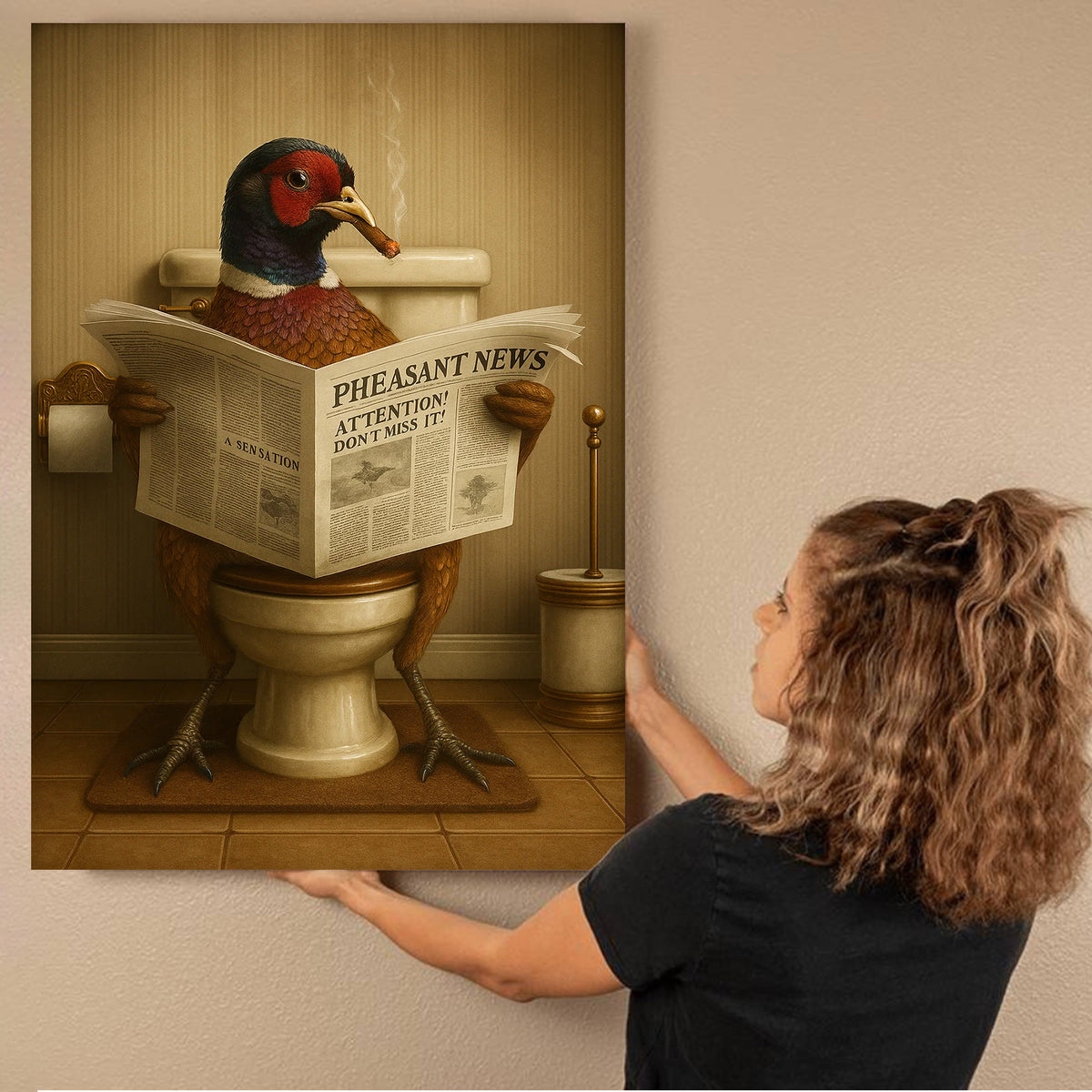 Pheasant Reading News Smoking Bathroom Wall Art – Rustic Decor for Men, Hilarious Gift for Hunter