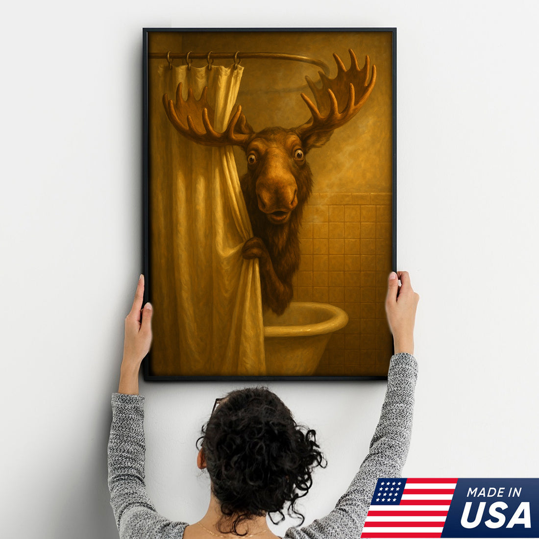 Funny Moose Bathroom Canvas Wall Art – Rustic Lodge Cabin Decor for Bathroom
