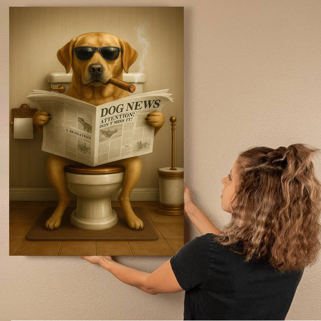 Funny Labrador Bathroom Poster Canvas – Dog on Toilet Reading Newspaper