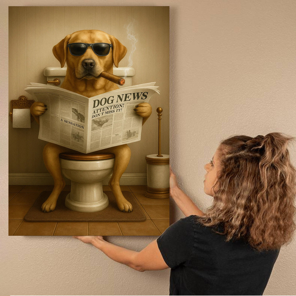 Funny Labrador Bathroom Poster Canvas – Dog on Toilet Reading Newspaper