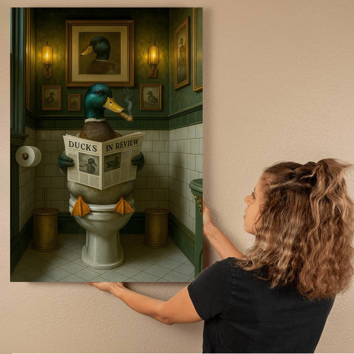 Mallard Duck Toilet Scene Poster Canvas – Smoking-Smoking Duck Reading ‘Ducks in Review’