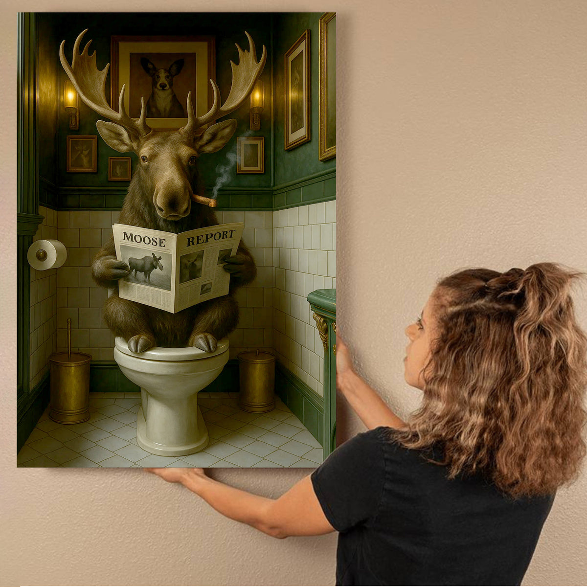 Funny Moose Bathroom Poster Canvas – Rustic Lodge Wall Art with Moose Reading ‘Moose Report’