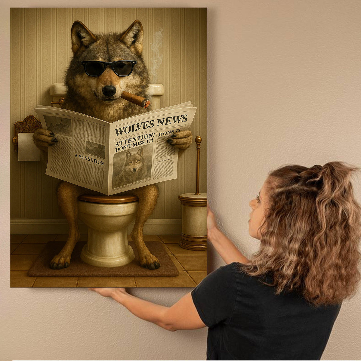 Funny Wolves News Poster Canvas – Hilarious Bathroom Scene with Cool Wolf on Toilet