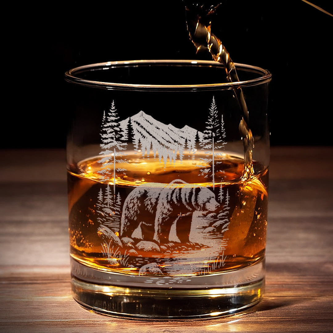 Bear Forest Engraved Whiskey Glass, Rustic Barware Gift for Hunters, Outdoorsmen & Drinking Lovers