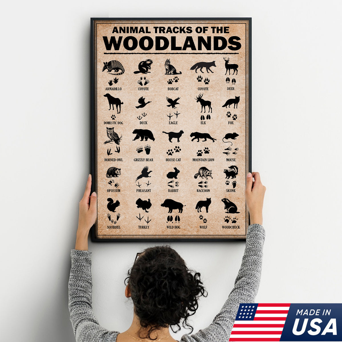 Animal Tracks of the Woodlands Canvas Wall Art, Wildlife Footprint Chart, Rustic Hunting Cabin