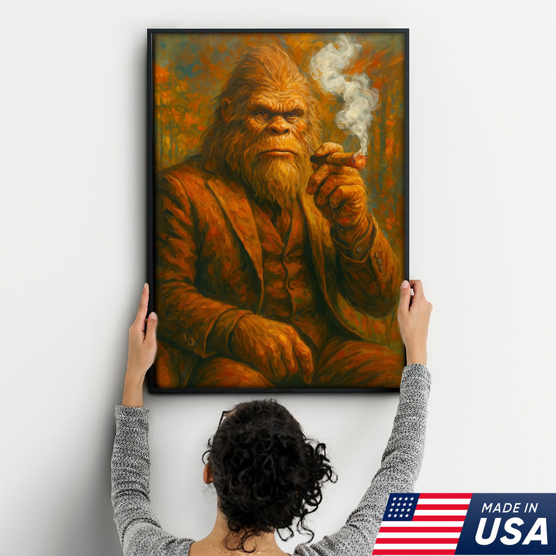 Bigfoot Smoking Canvas, Sasquatch Wall Art Print for Man Cave, Rustic Cabin