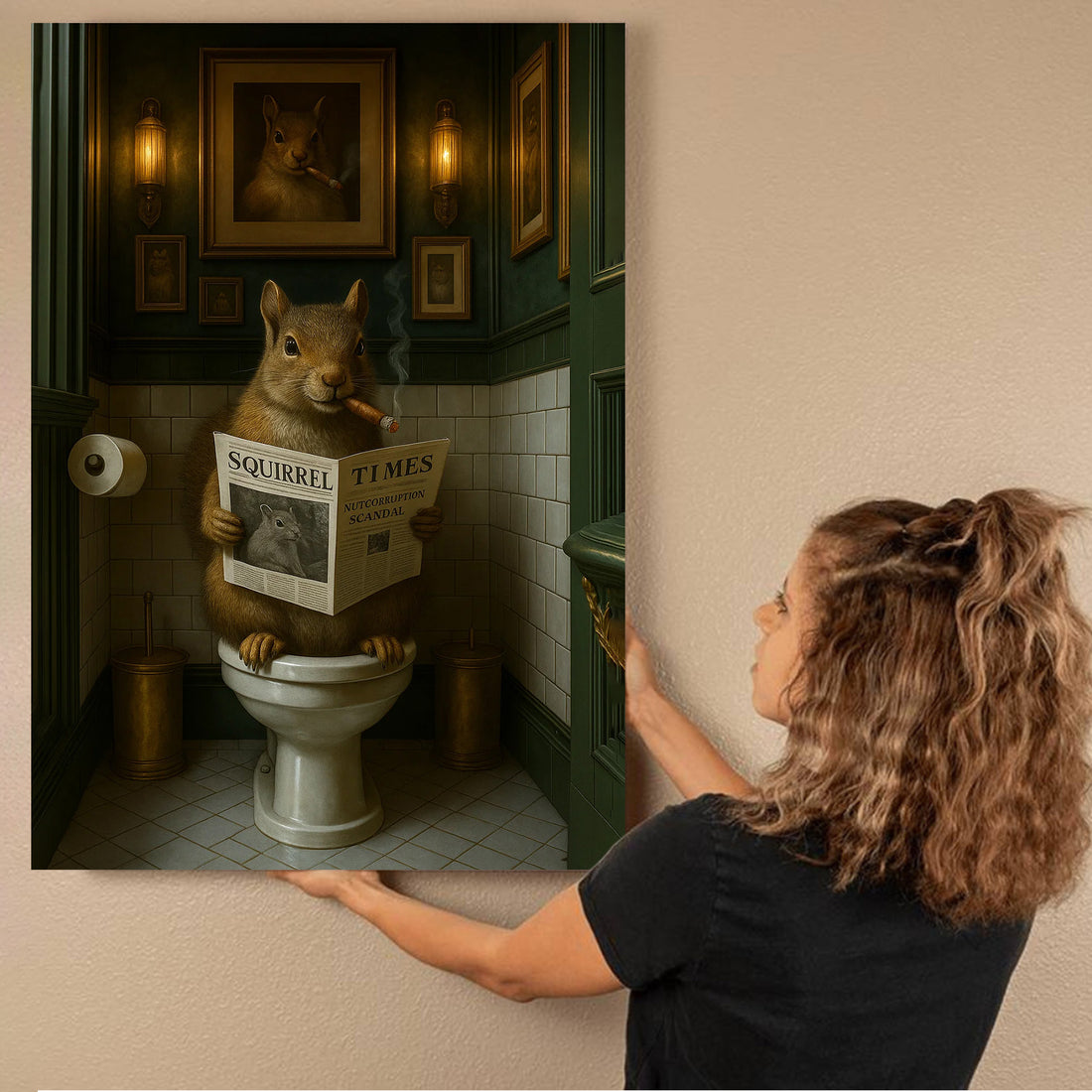 Funny Squirrel on Toilet Poster Canvas – Hilarious Wildlife Bathroom Scene - Lodge Humor Canvas