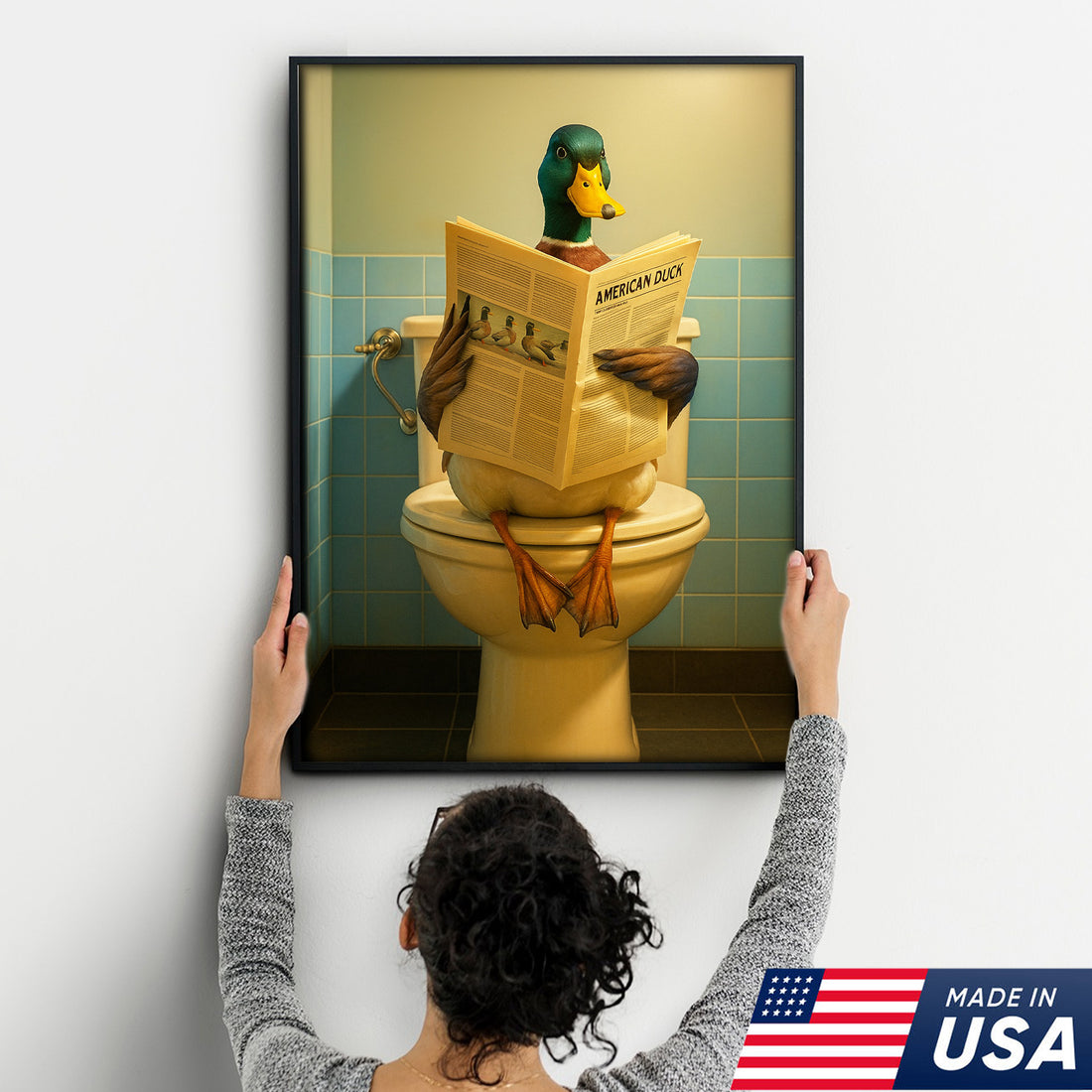 Funny Duck Bathroom Wall Art Canvas – Mallard Reading Newspaper Canvas Decor