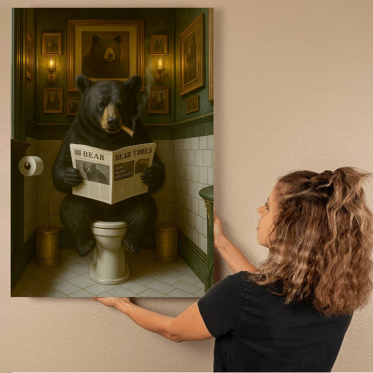 Funny Bear Hunting Bathroom Canvas – Black Bear On Toilet Reading Newspaper