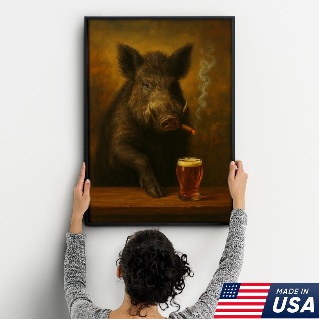 Funny Wild Boar Smoking with Cocktail Glasses Canvas – Rustic Hunting Lodge Wall Art