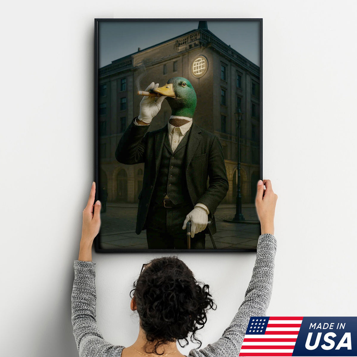 Mallard Gentleman Canvas – Duck in Suit Portrait, Vintage Noir Animal Wall Art