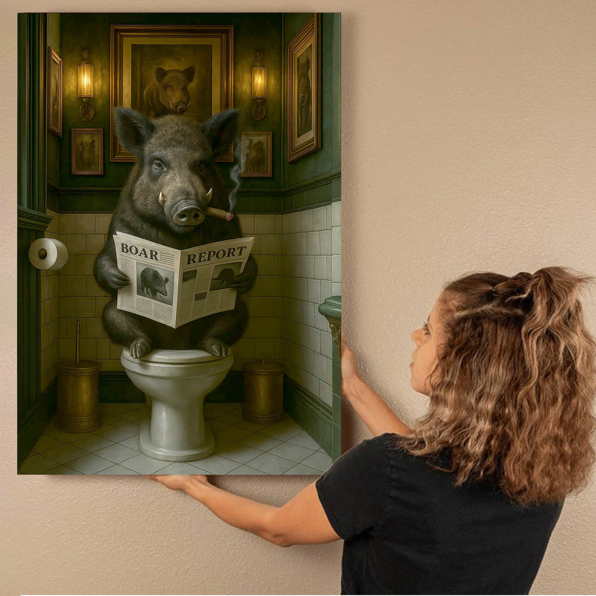 Funny Comical Wild Hog Poster – Smoking Boar on Toilet - Unique Rustic Gift for Hunters