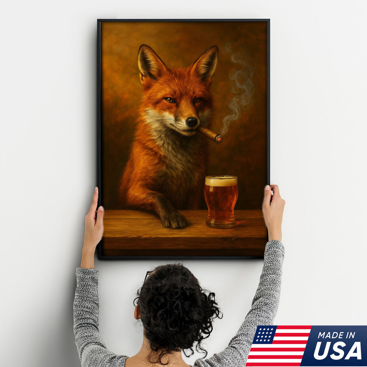 Funny Fox Smoking with Cocktail Glasses Canvas – Rustic Hunting Lodge Wall Art