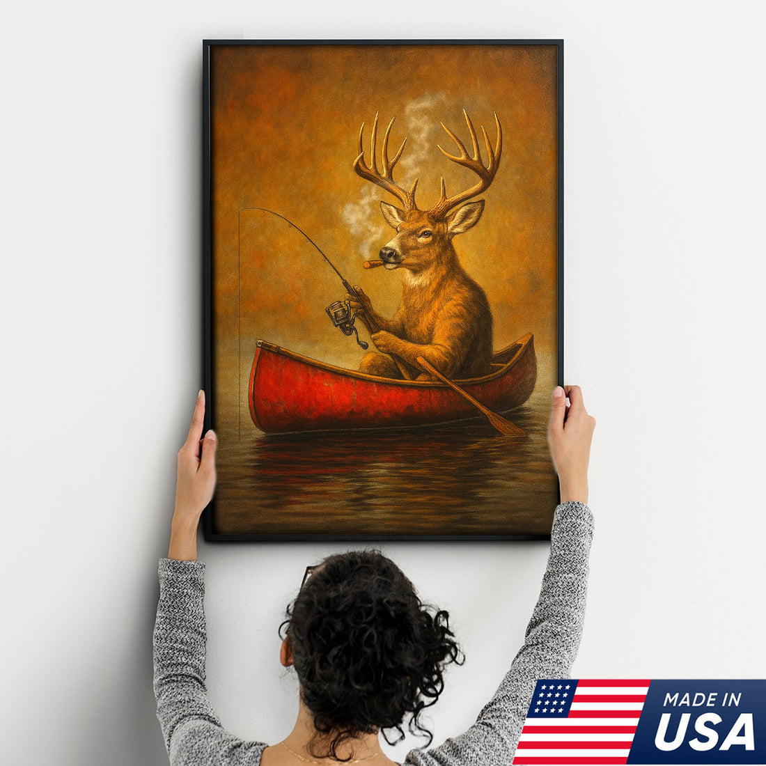 Funny Mule Deer Fishing Canvas Wall Art, Rustic Cabin & Lodge Decor for Hunters