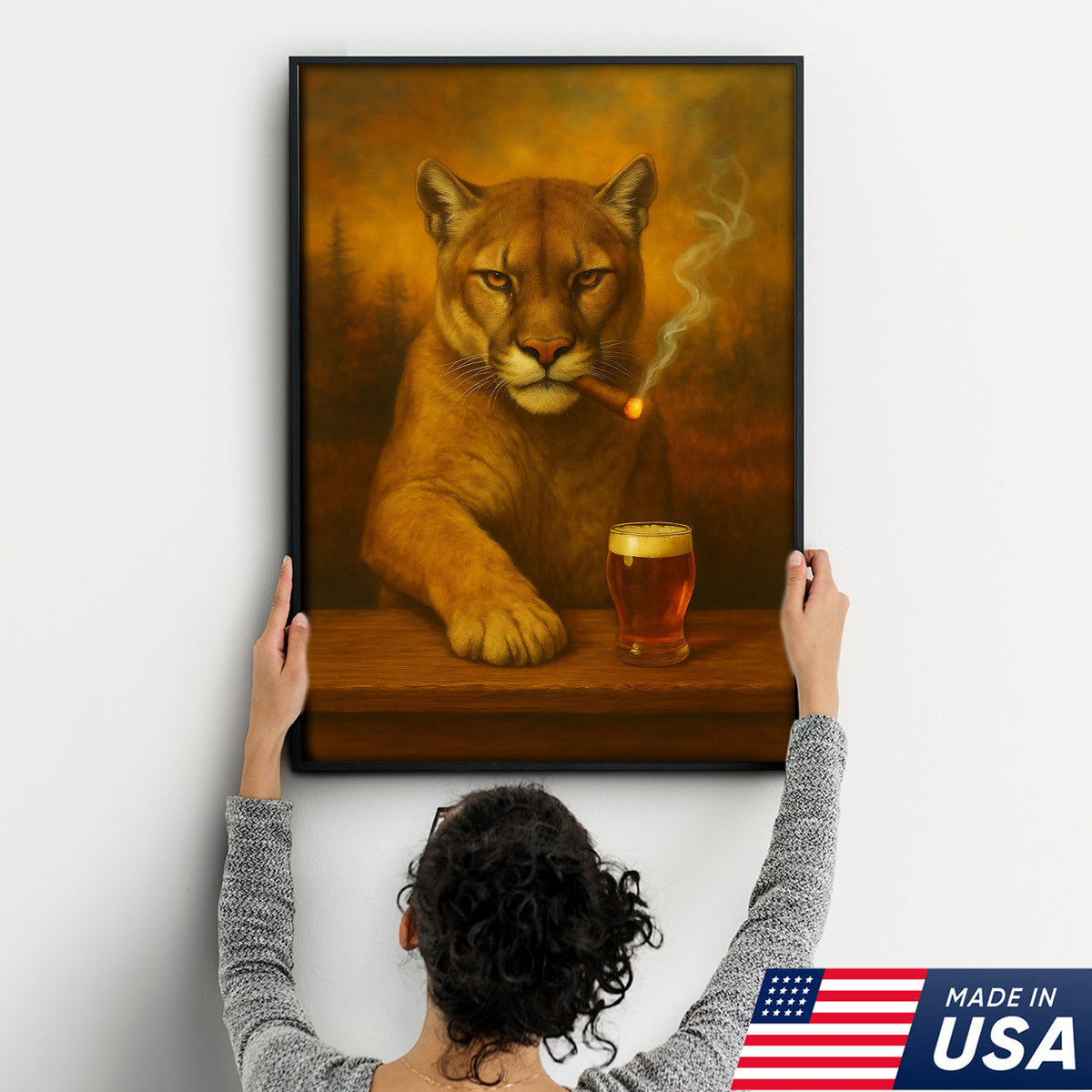 Funny Mountain Lion Smoking With Cocktail Glasses Canvas Wall Art – Rustic Bar Decor Perfect Gift for Hunters