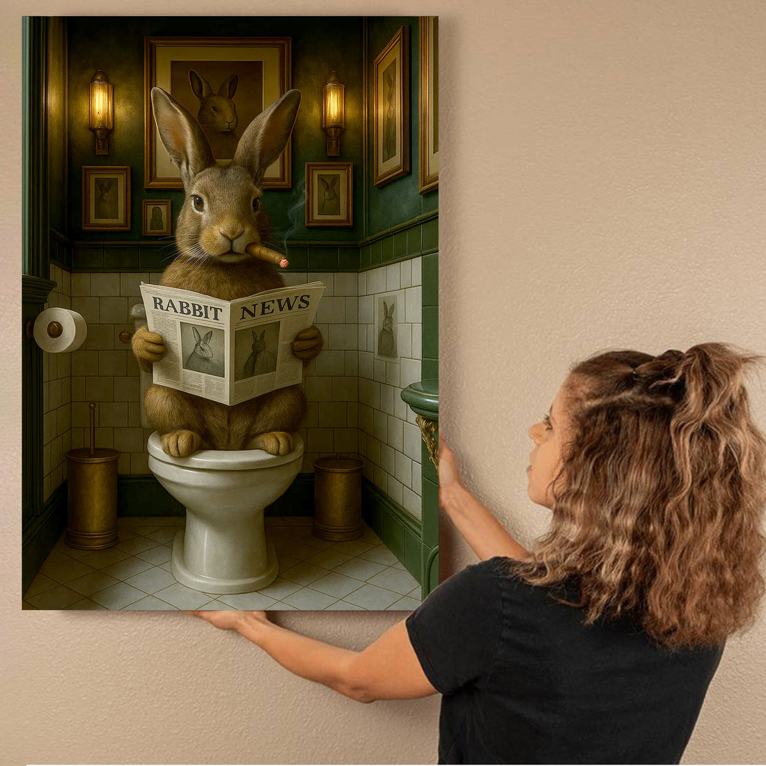 Funny Rabbit Bathroom Poster Canvas– Smoking-Smoking Bunny Reading Newspaper