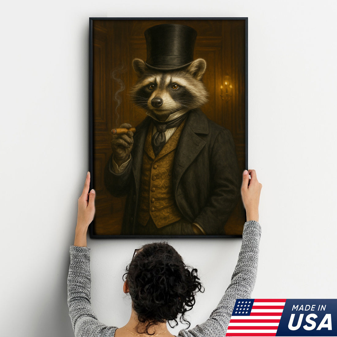 Victorian Gentleman Raccoon Canvas – Whimsical Animal Portrait for Quirky Home Decor