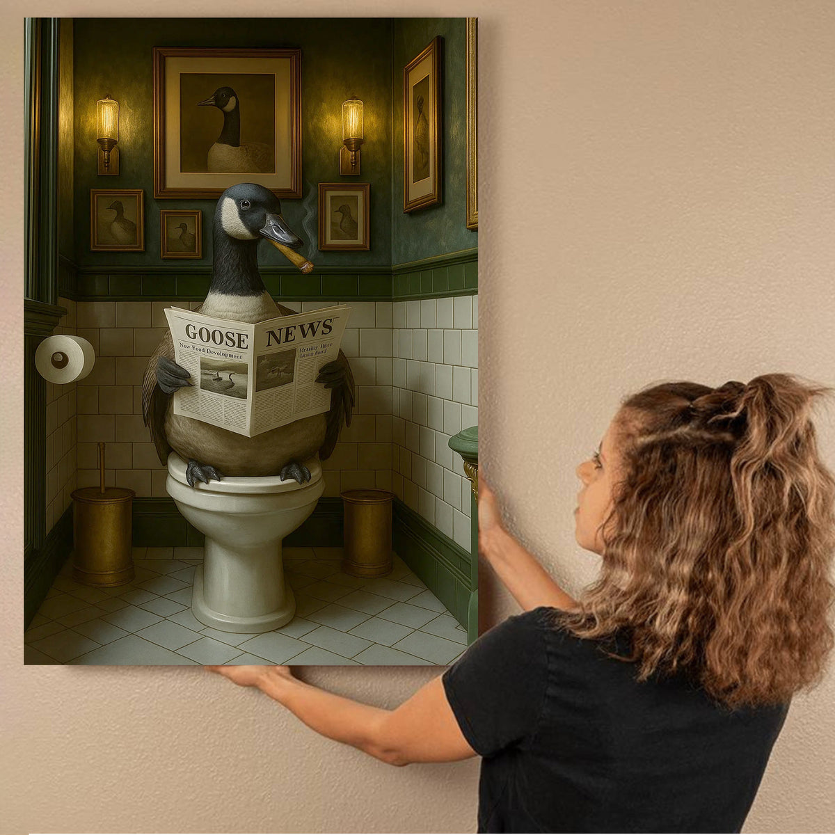 Funny Canada Goose Bathroom Poster – Rustic Cabin Wall Art, Goose Reading Newspaper on Toilet