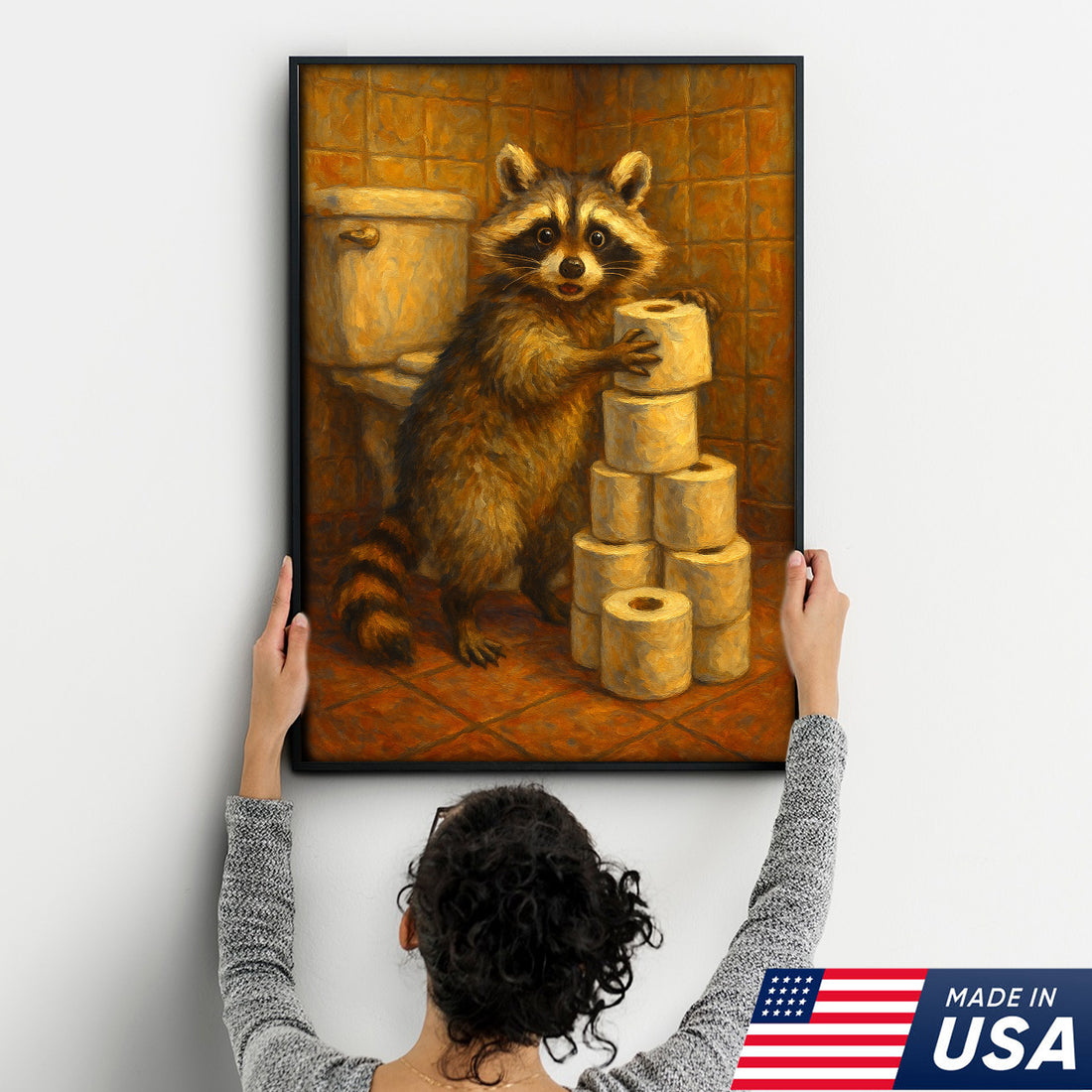Funny Raccoon Canvas Wall Art – Cute Animal Bathroom Decor with Toilet Paper