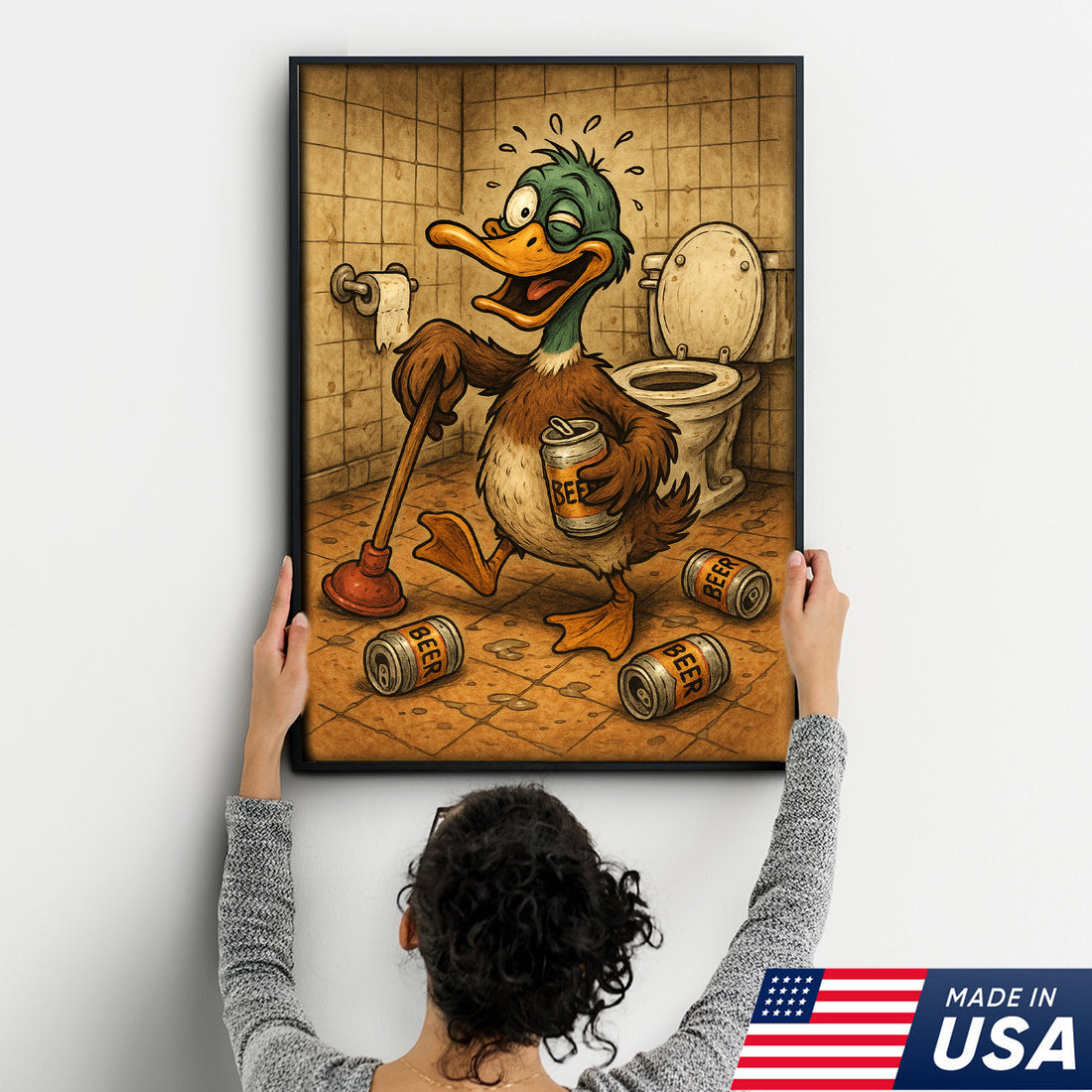 Funny Duck Canvas Wall Art – Hilarious Bathroom Decor with Soda Cans and Plunger