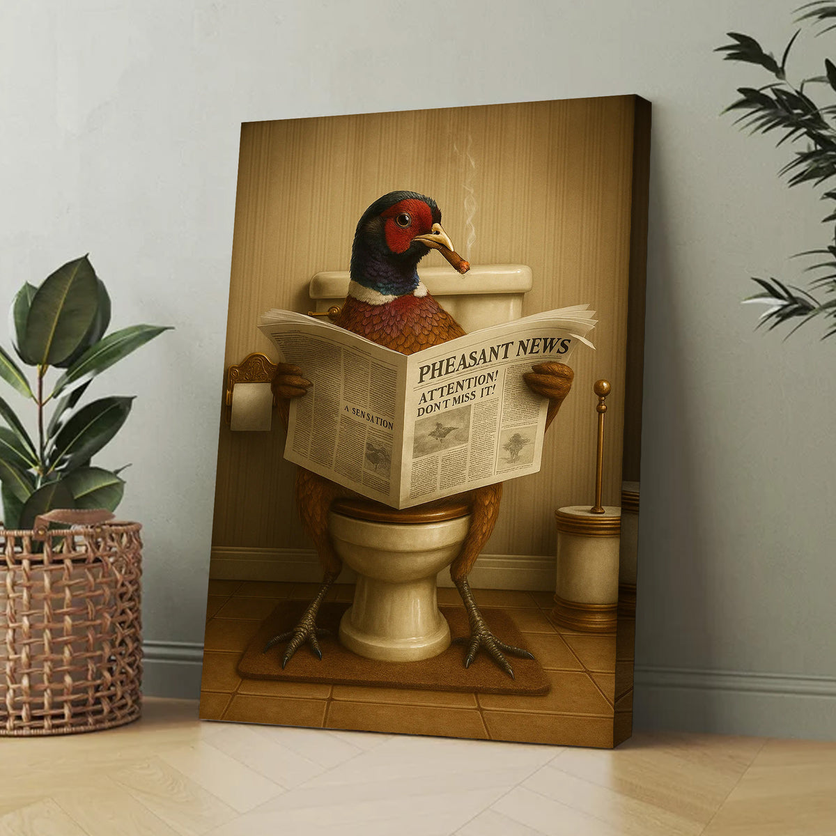 Pheasant Reading News Smoking Bathroom Wall Art – Rustic Decor for Men, Hilarious Gift for Hunter
